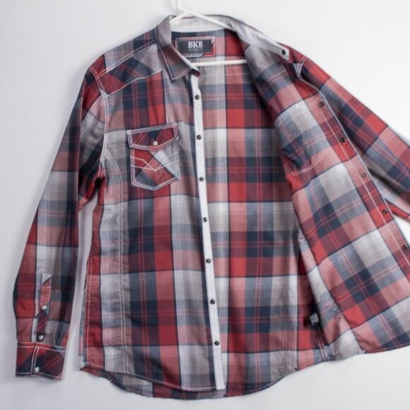 BKE Western Shirt Mens XL Tailored Fit Red Gray Plaid Contrast Stitch Pearl Snap - Picture 6 of 11
